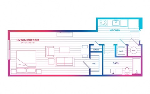 Floor plan for studio, 1 bath, 595 sqft